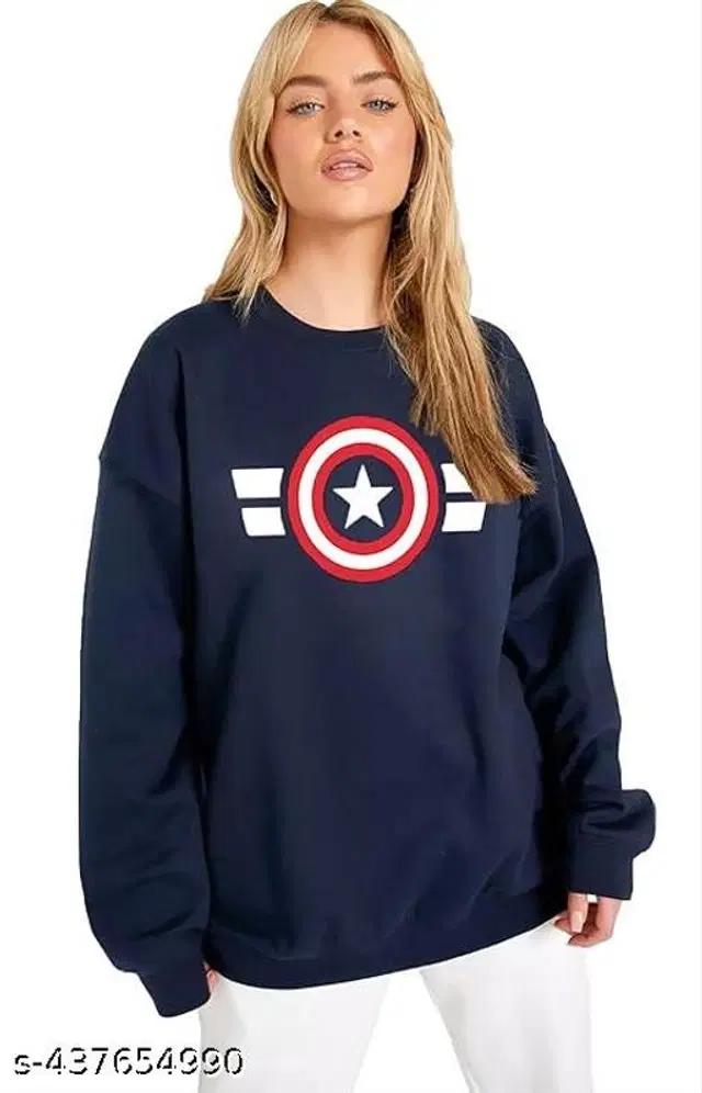Cotton Blend Printed Sweatshirt for Women (Navy Blue, S)