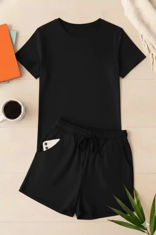 Cotton Blend Solid Top & Bottom Set for Women, Black (XS)