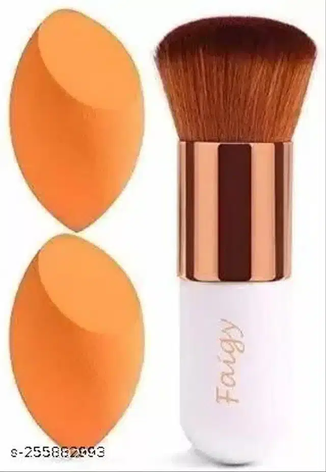 Foundation Makeup Brush with 2 Pcs Makeup Sponge Blenders, Orange & White, Set of 3