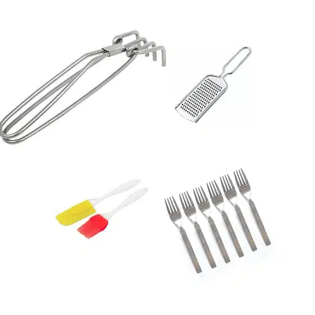 Stainless Steel Cheese Grater, Oil Brush Set, Pakad & 6 Steel fork, Combo of 4