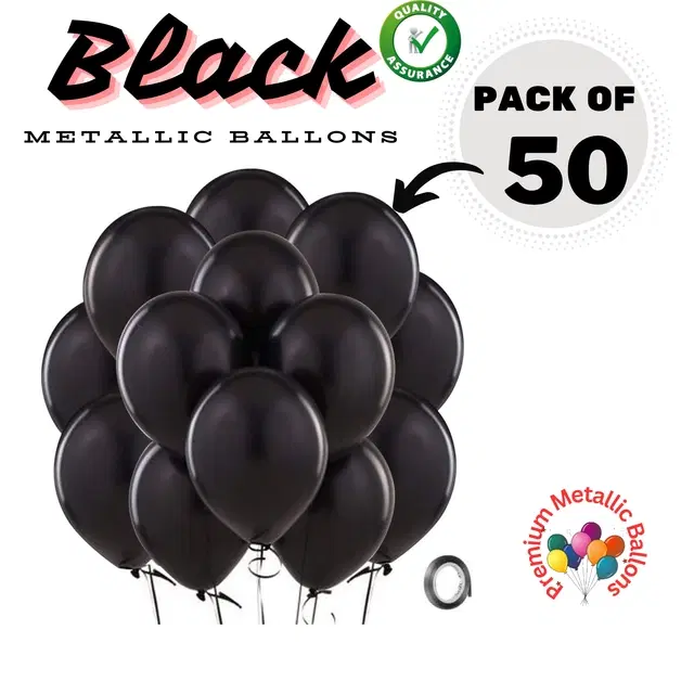 Rubber Premium Metallic Balloons for Party, Black, Pack of 50