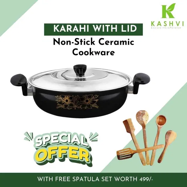Cast Iron Kadai with 5 Pcs Spatula Set, Multicolor, Set of 2