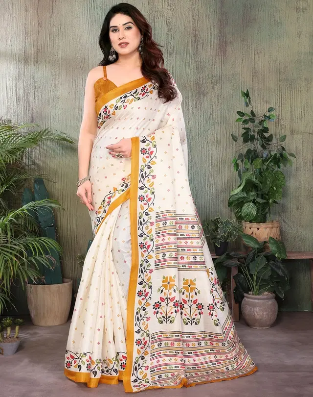 Art Silk Saree for Women, Kalamkari (Yellow, Free Size)