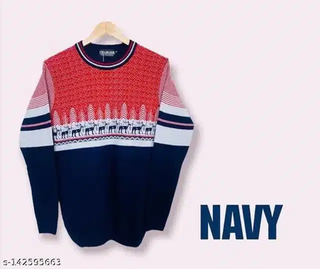 Cotton Full Sleeves Printed Round Neck Sweater for Men (Navy Blue & Pink, M)