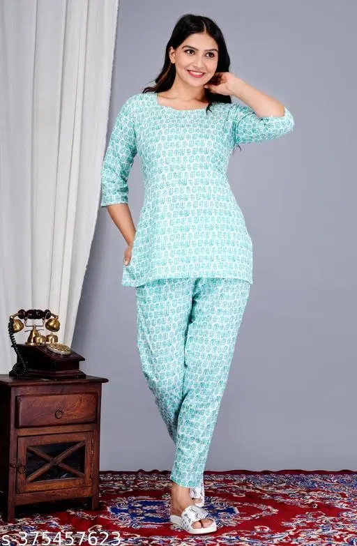 Cotton Printed Top & Bottom Set for Women, Sky Blue (M)