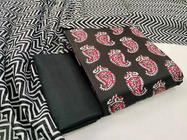 Cotton Printed Unstitched Suit Fabric (Black, 2.4 m)