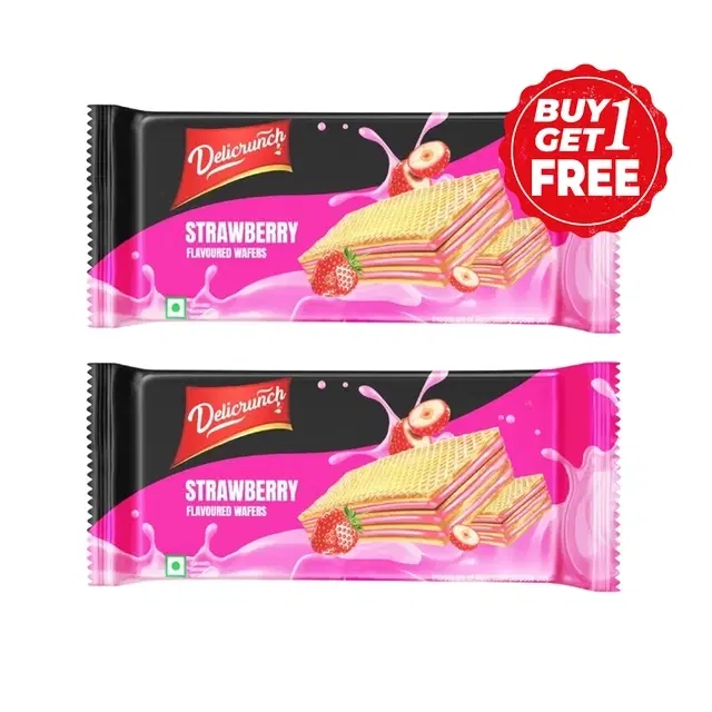 Delicrunch Strawberry Flavoured Crunchy Wafers 2X60 g (Buy 1 Get 1 Free)