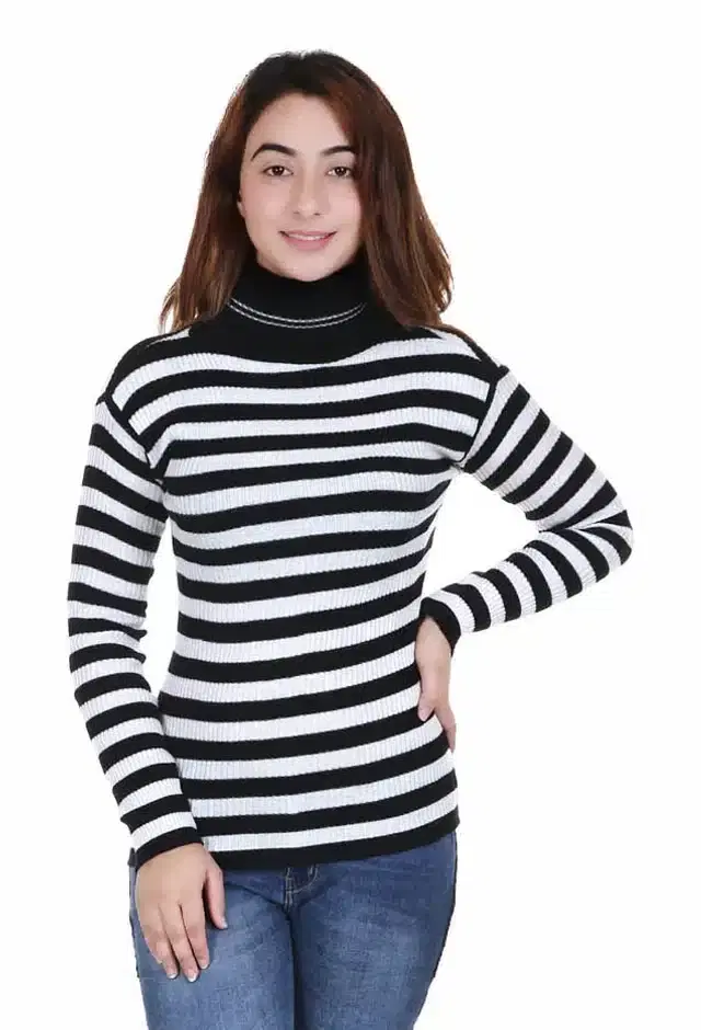 Full Sleeves Striped Sweater for Women (White & Black, S)