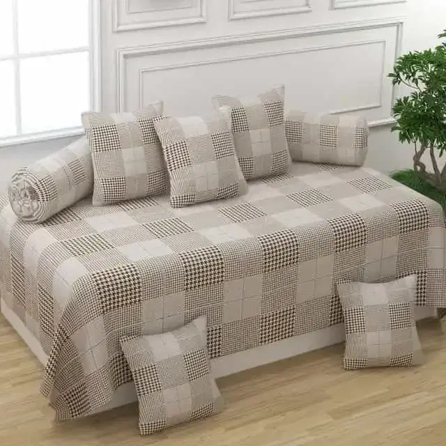 Adirav Polycotton Feel Single Bed Sheet, 2 Bolster covers & 5 Cushion Covers, Beige, ADRV-DW-93