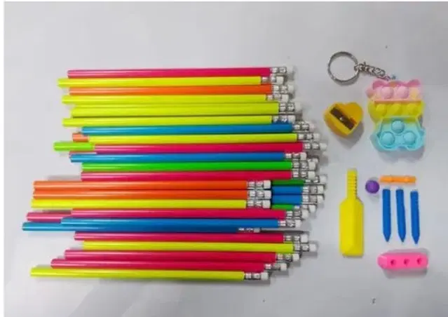 Combo of Posshe Pencils, 25 Pcs with Pop-it Keychain, Cricket Theme Eraser Set & Sharpener, Multicolor, Set of 4