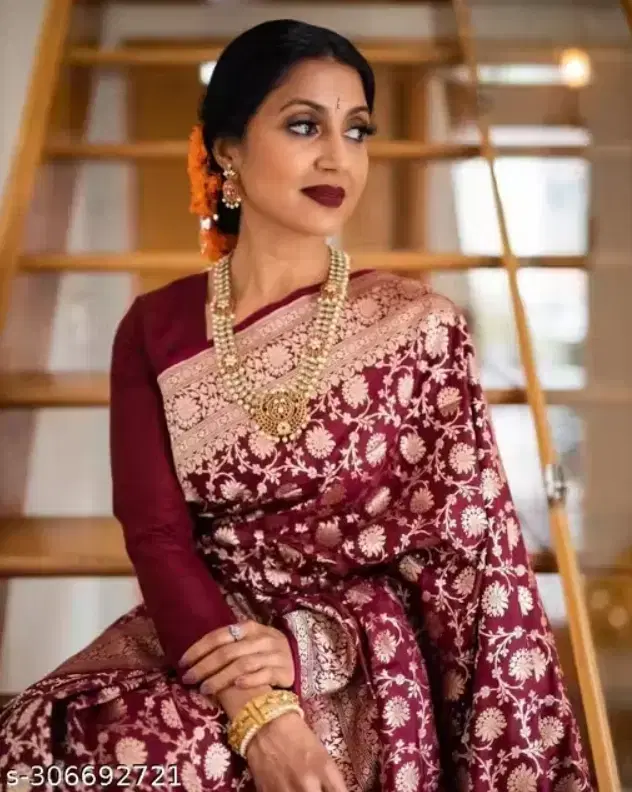 Zari Woven Banarasi Silk Saree for Women, Maroon (6.3 m)