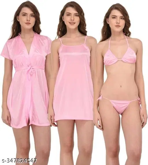 Satin Solid Babydoll for Women, Pink (XL)