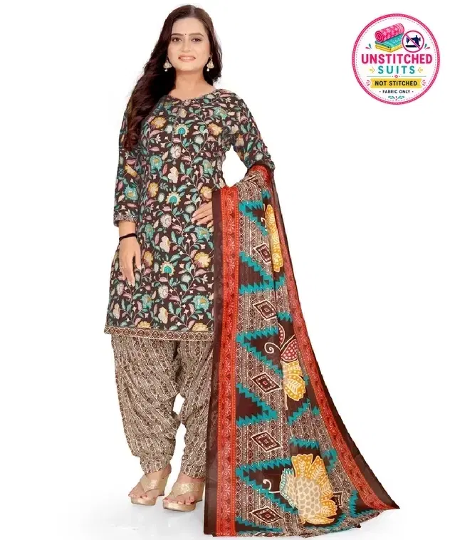 Cotton Blend Floral Print Unstitched Suit with Dupatta for Women (Multicolor)