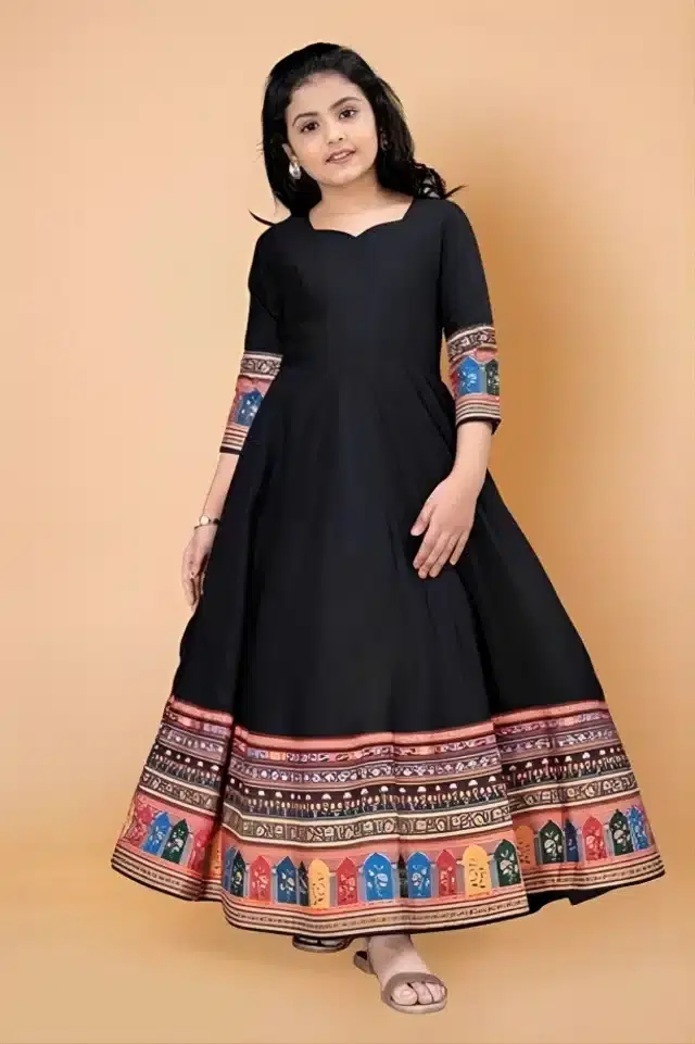 Polyester Printed Ethnic Gown for Girls (Black, 6-7 Years)