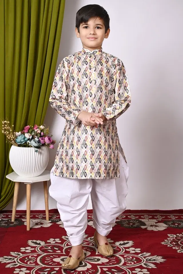 Dupion Silk Printed Kurta with Dhoti for Boys, Multicolor (6-12 Months)