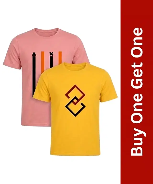 Round Neck Printed T-Shirt for Men, Buy 1 Get 1, Peach & Yellow, L