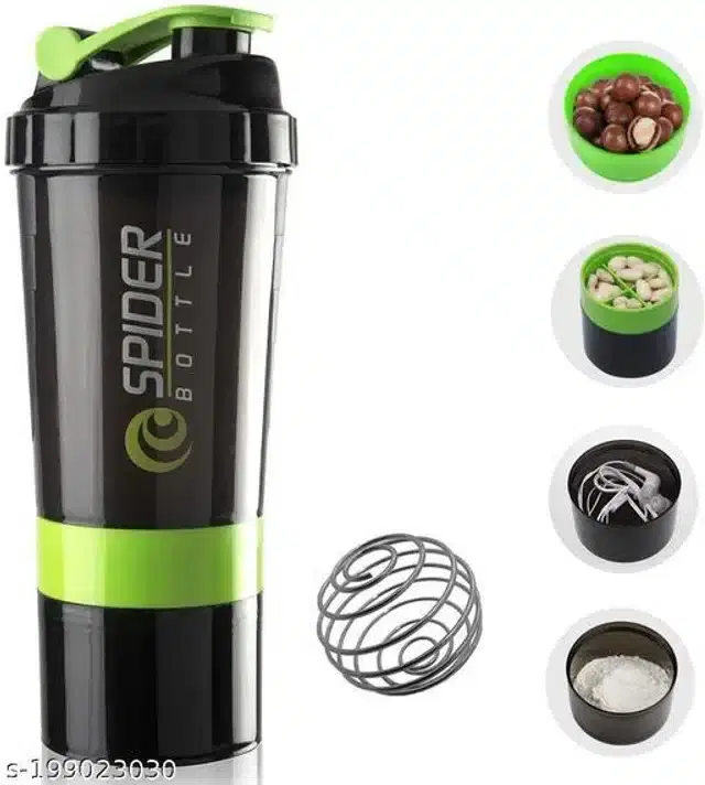 Plastic Gym Shaker and Sipper, Black & Green, 500 ml