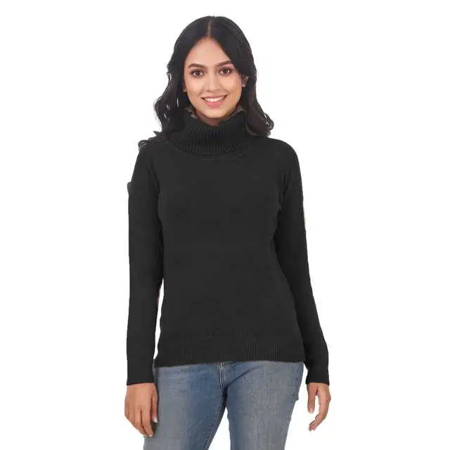 Women's High Neck Sweater (Black, S) (Rb012)