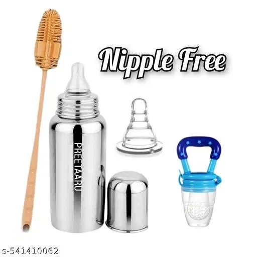 Baby Steel Feeding Bottle 250 Ml, Bottle Cleaning Brush,1 Pcs Silicone Fruit Nibbler 10 Ml With Bottle Nipple Free