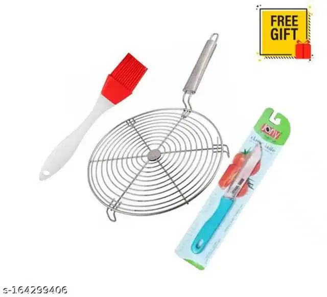 Stainless Steel BBQ Grill with Oil Brush & Kitchen Knife, Multicolor, Set of 3