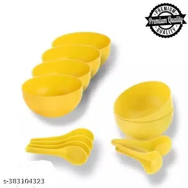 Plastic 6 Pcs Bowls, 250 ml with 6 Pcs Spoons, Yellow, Set of 2