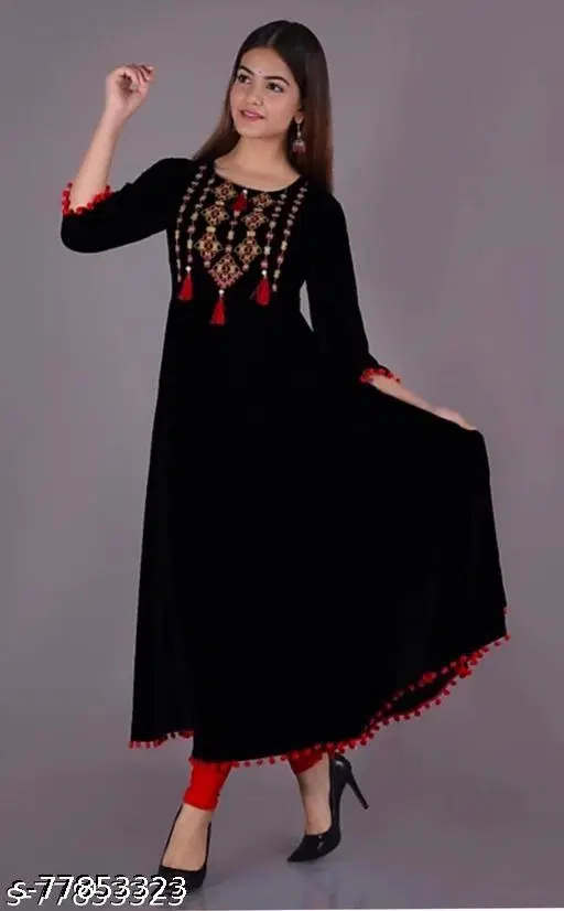 Women Rayon Embellished Flared Kurti, Black (XXL)