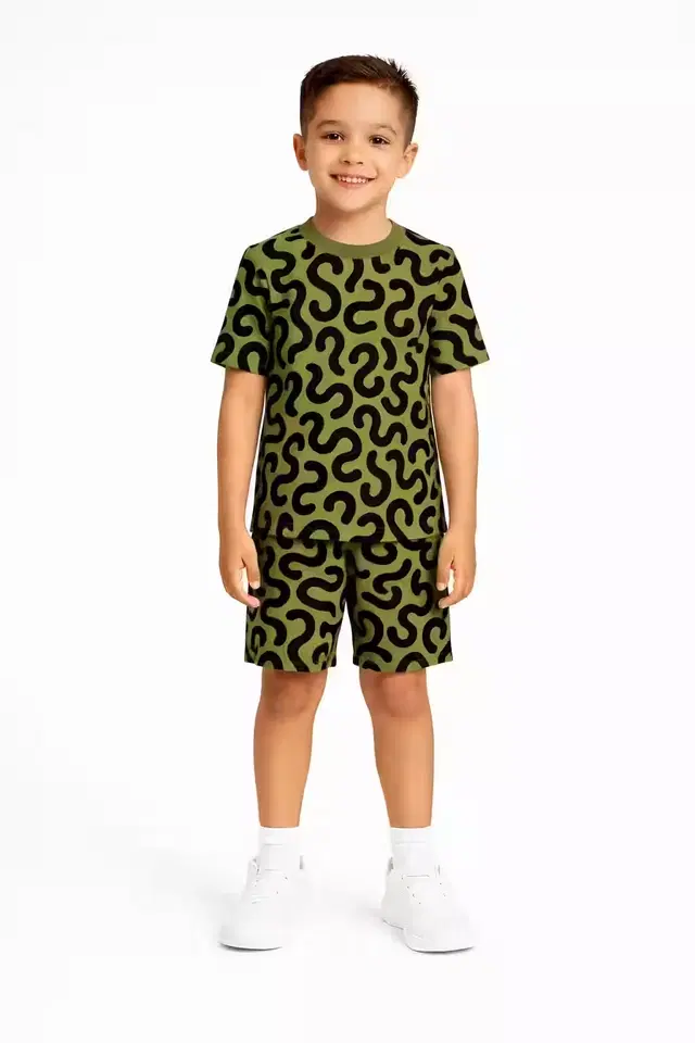 Cotton Geometric Print Clothing Set for Boys, Olive (1-2 Years)