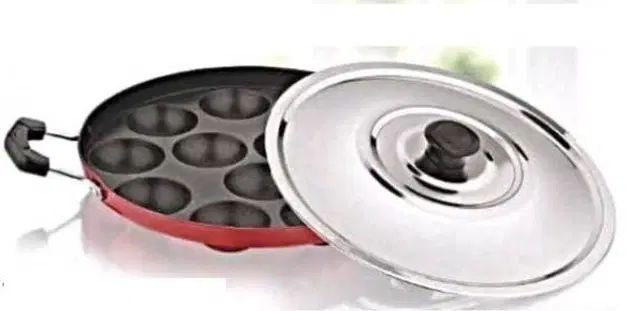 ZODEX 12 Cavities Non Stick Appam Patra with Lid and Side Handle, Multicolor, 21 cm
