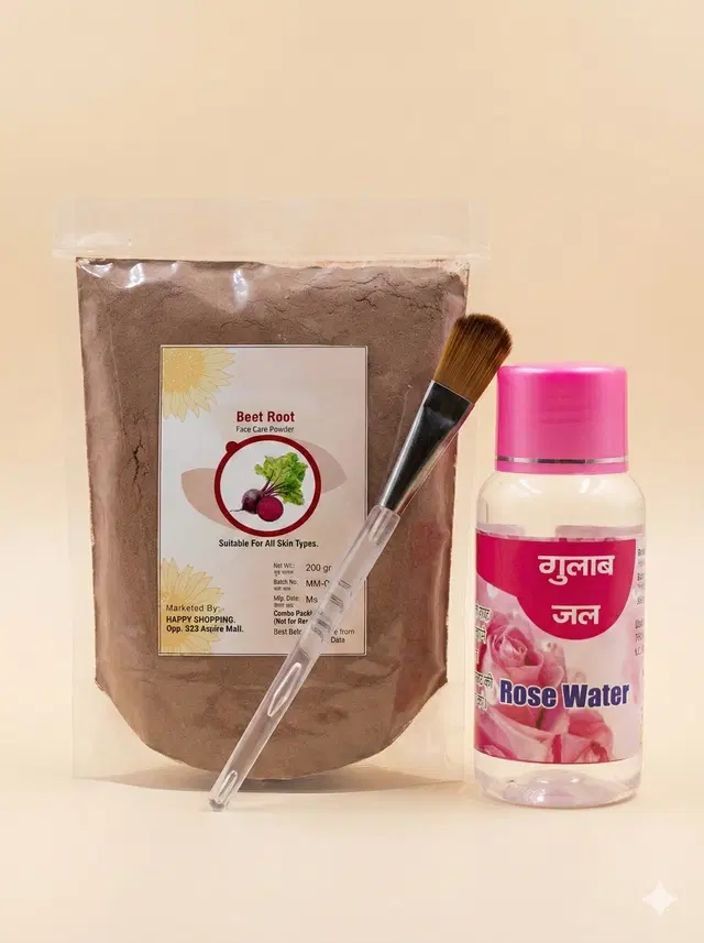 Beetroot Powder {200g} with Rose Water & Applicator Brush, Set of 1