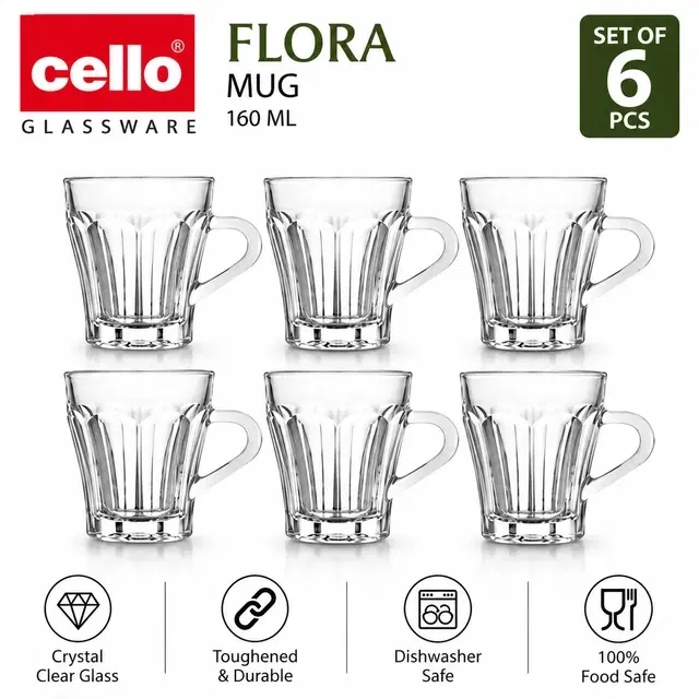 Cello Flora Glass Tea & Coffee Mug, 160 ml | Set Of 6 | Heat-Resistant Glass | Dishwasher Safe | For Tea, Coffee & Milk