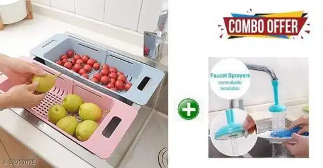 Plastic Adjustable Vegetable Strainer with Sink Tap, Multicolor, Set of 2