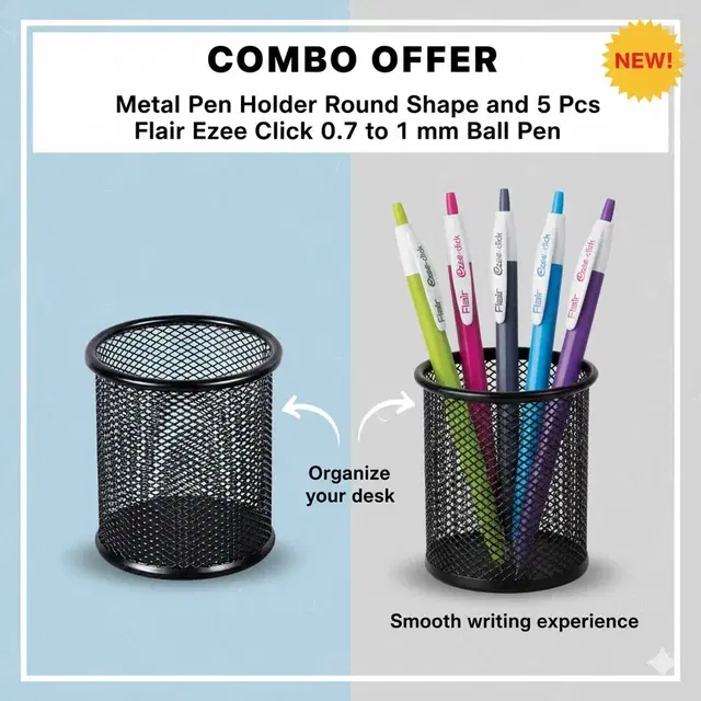 Metal Pen Holder Round Shape and 5 Pcs Ezee Click 0.7 to 1 mm Ball Pen (Set of 6) Multicolor