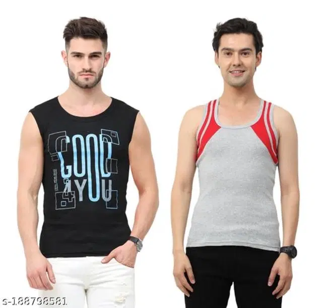 Cotton Vests for Men, Pack of 2 (Black & Grey, L)