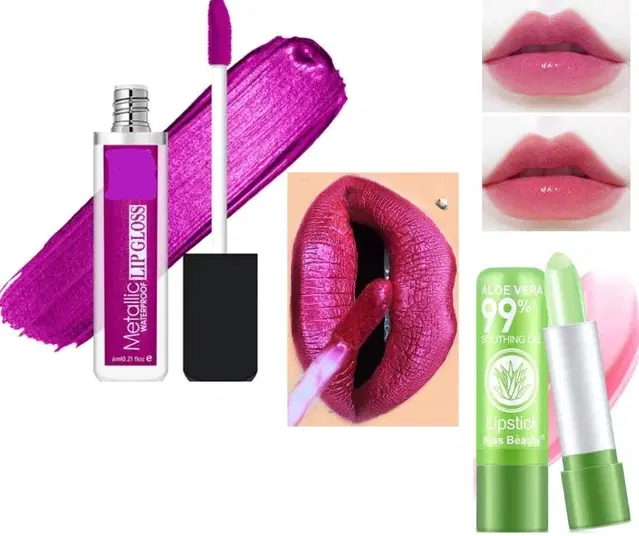 Combo of Metallic Waterproof Lip Gloss, 6 ml with Aloevera Lip Balm, Magenta, Set of 2