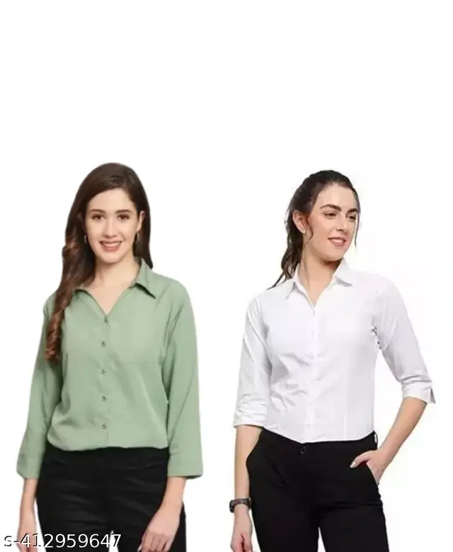 Three-Quarter Sleeves Solid Shirt for Women, Pack of 2 (Mint Green & White, L)