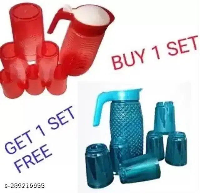 Plastic 2 Pcs Jug with 12 Pcs Glass, Red & Blue, Set of 2