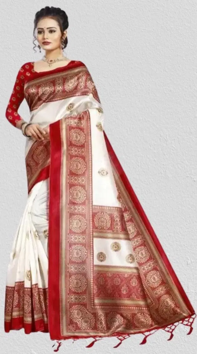 Art Silk Printed Saree for Women (White & Red, 6 m)