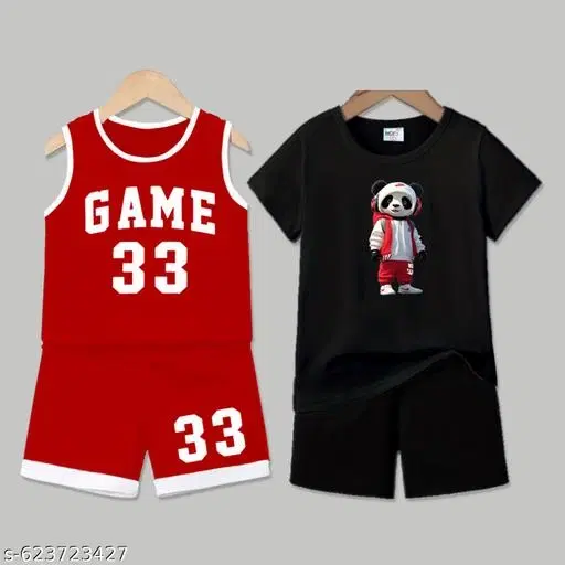 Cotton Blend Printed Clothing Set for Boys, Red & Black, Pack Of 2 (0-1 Months)