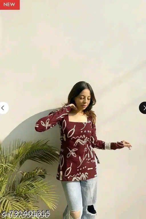 Rayon Printed Short Kurti for Women, Maroon (XS)