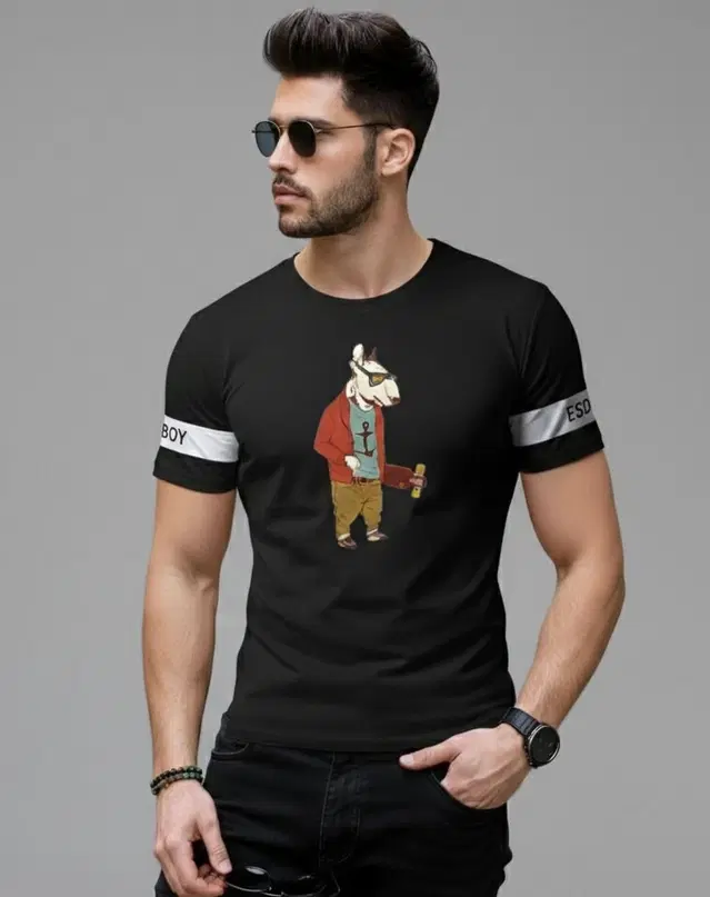 Polyester Printed T-shirt for Men, Black (L)