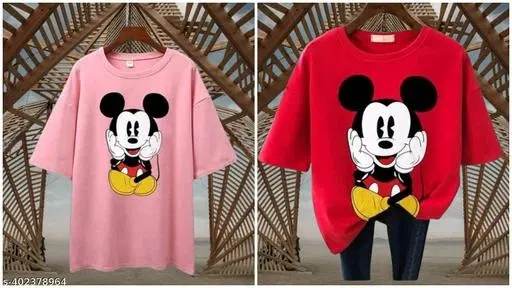 Cotton Blend Printed T-Shirt for Women, Red & Pink, Pack of 2 (S)