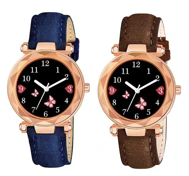 Designer Leather Analog Watch for Women & Girls, Pack of 2 (Blue & Brown)