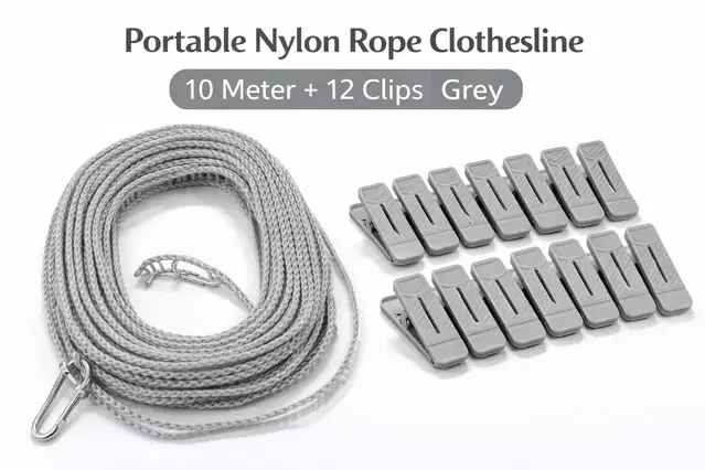 Portable Nylon Rope Clothesline 10 Meter + 12 Clips Grey