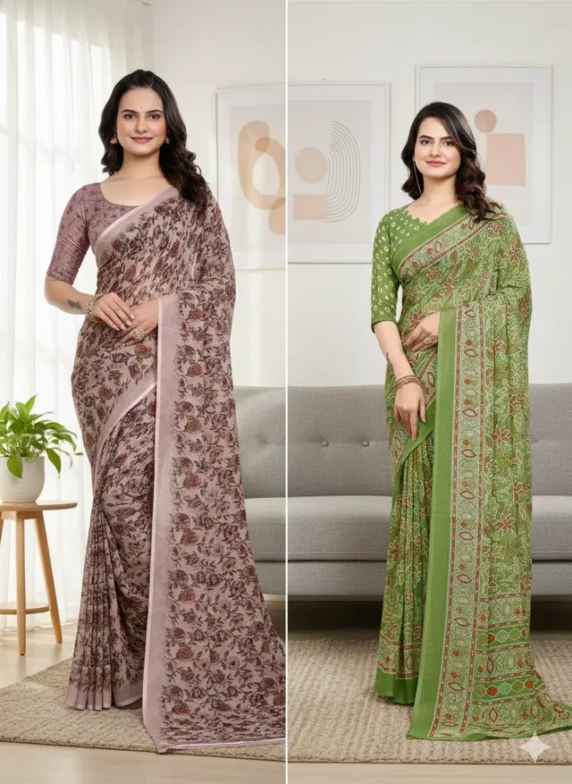 Georgette Printed Saree for Women, Multicolor, Pack of 2 (6.3 m)