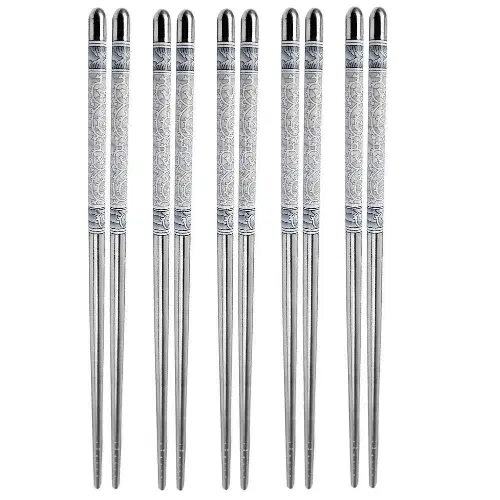Stainless Steel Non-Slip Reusable Durable and Lightweight Chopsticks, Silver, Set of 5