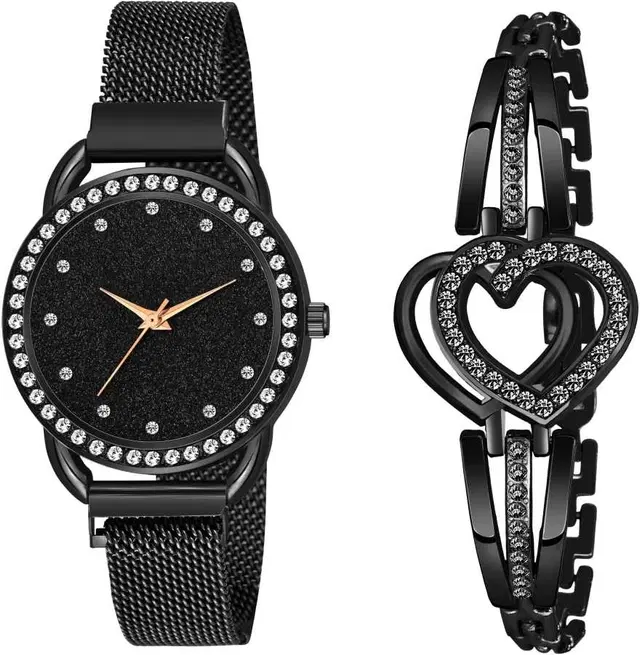 Metal Strap Analog Watch with Bracelet for Women & Girls, Set of 2 (Multicolor)