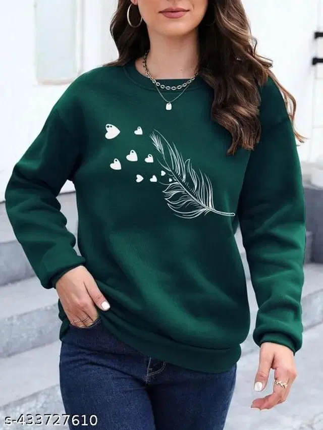 Fleece Printed Sweatshirt for Women (Bottle Green, XL)