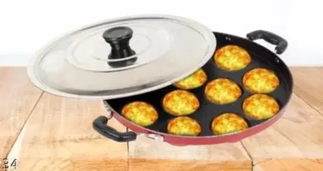 ZODEX 12 Cavities Non Stick Appam Patra with Lid and Side Handle, Multicolor, 21 cm