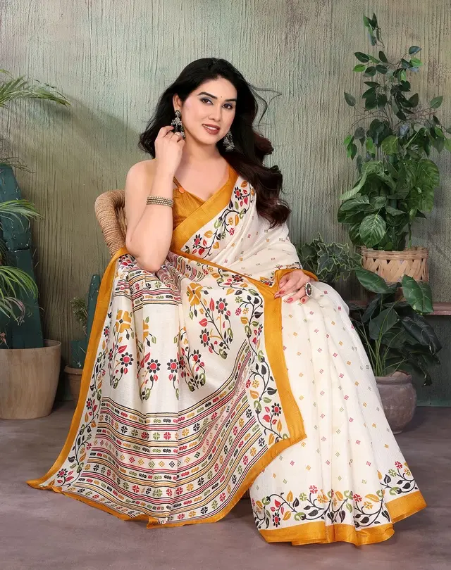 Art Silk Saree for Women, Kalamkari (Yellow, Free Size)