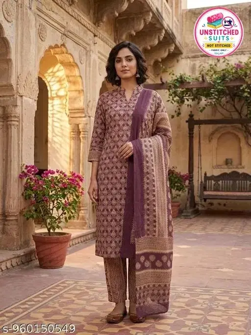 SIMPLYETHNIC Wine Cotton Blend Printed Salwar Suit Set for Women (Purple, M)